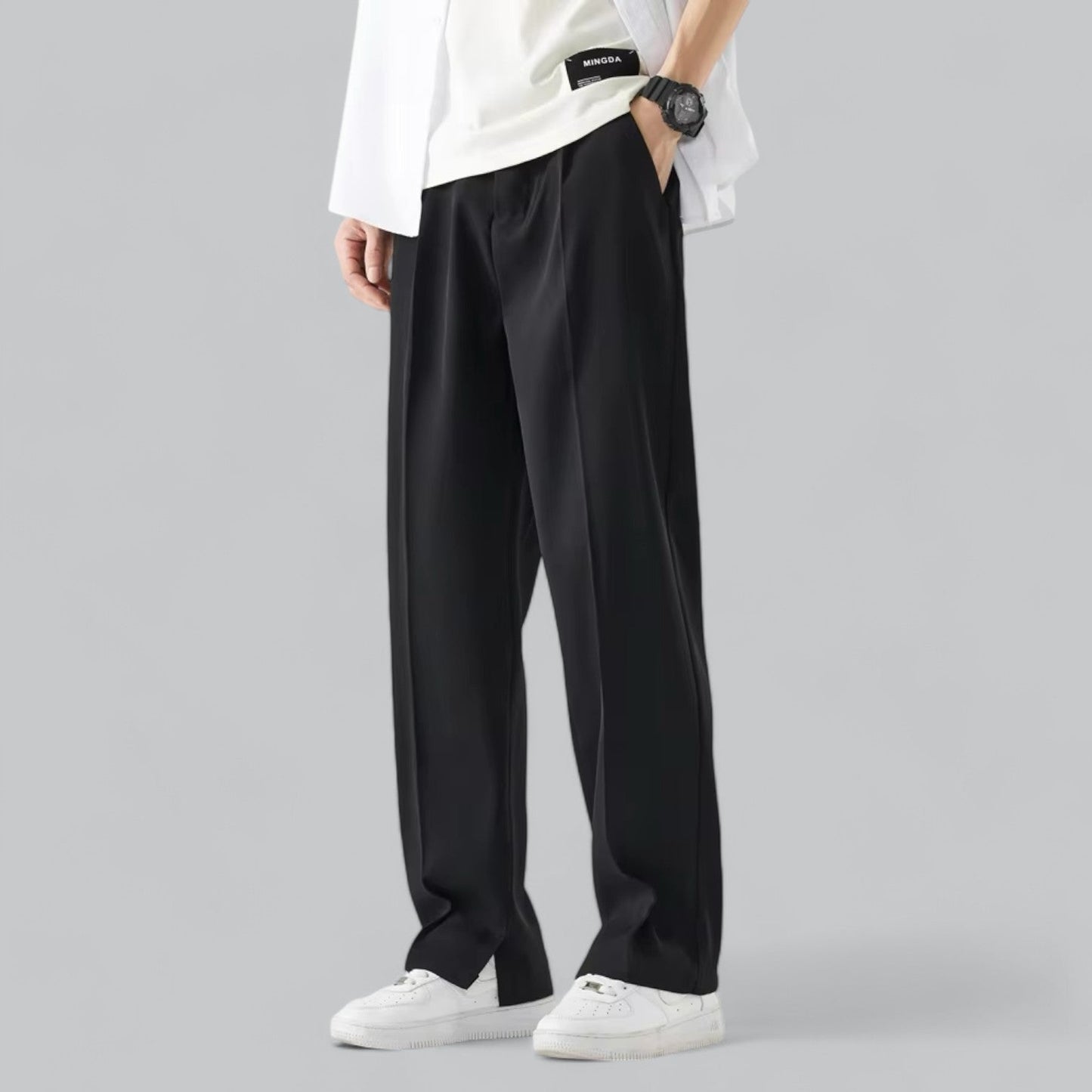Men's wide leg pants in neutral tone, straight cut with relaxed silhouette for office and casual wear