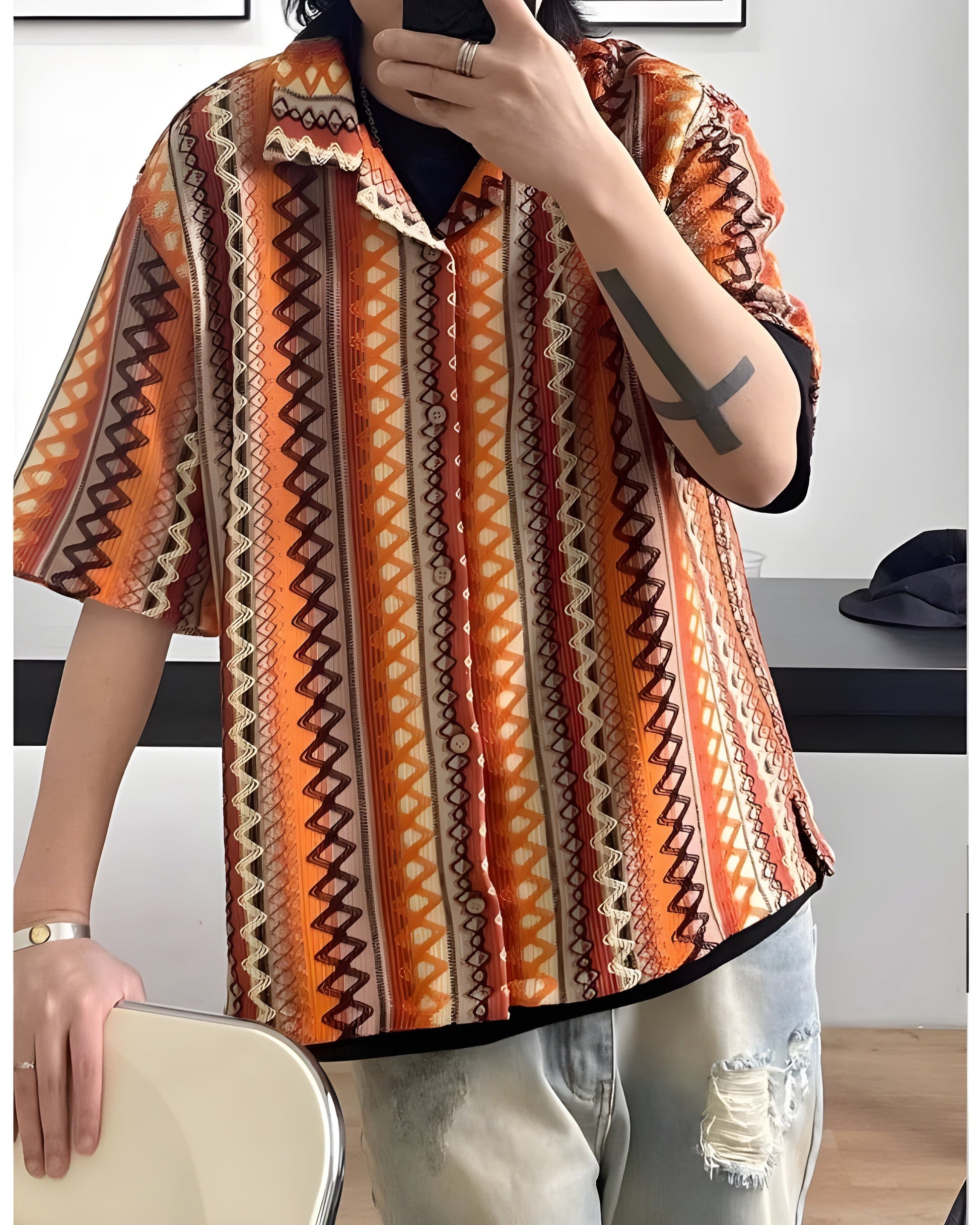 Oversized unisex knit overshirt with Cuban collar, zigzag diamond motif, ventilated open-knit weave