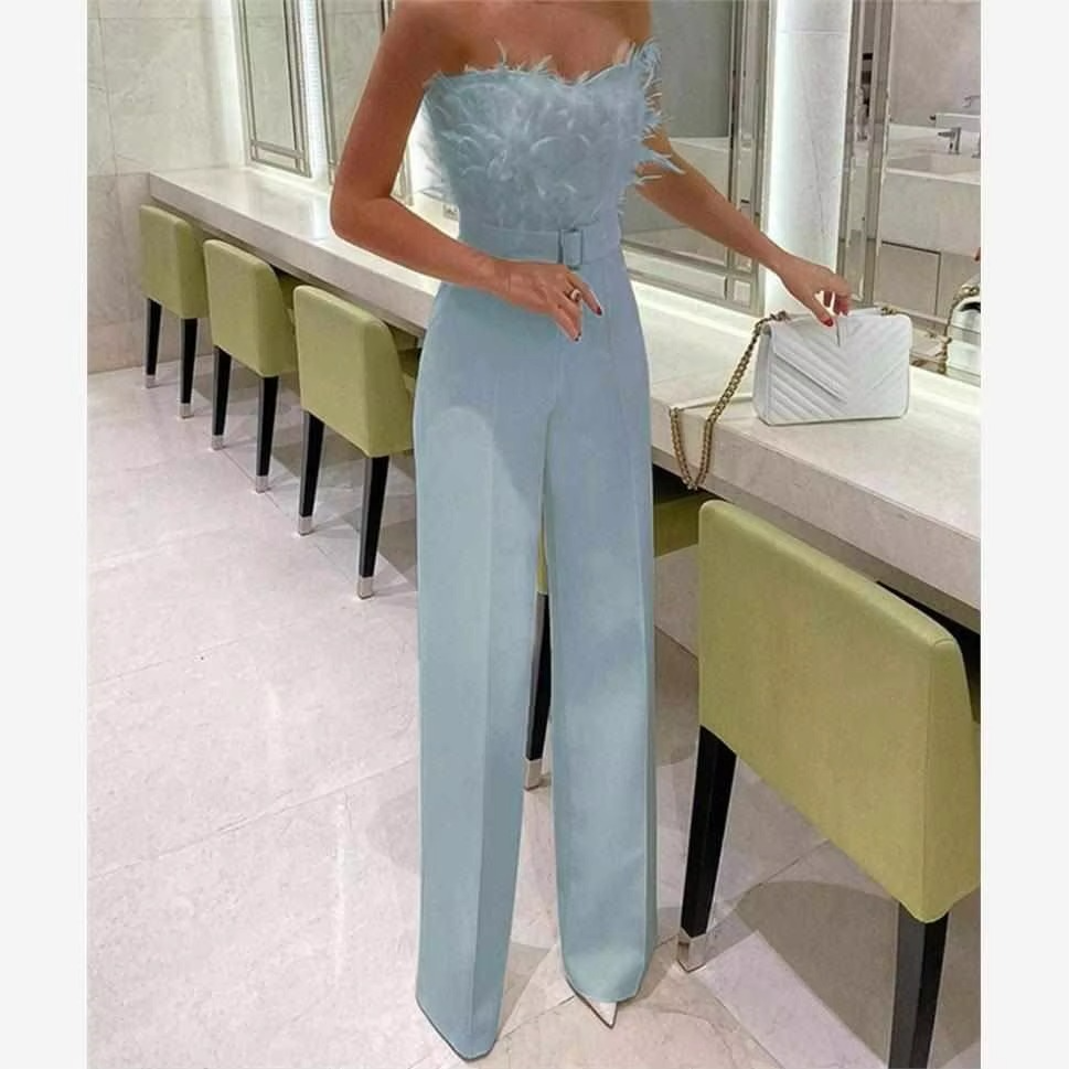 Black feather jumpsuit bare shoulder cinched waist diamond embellished wide leg party style