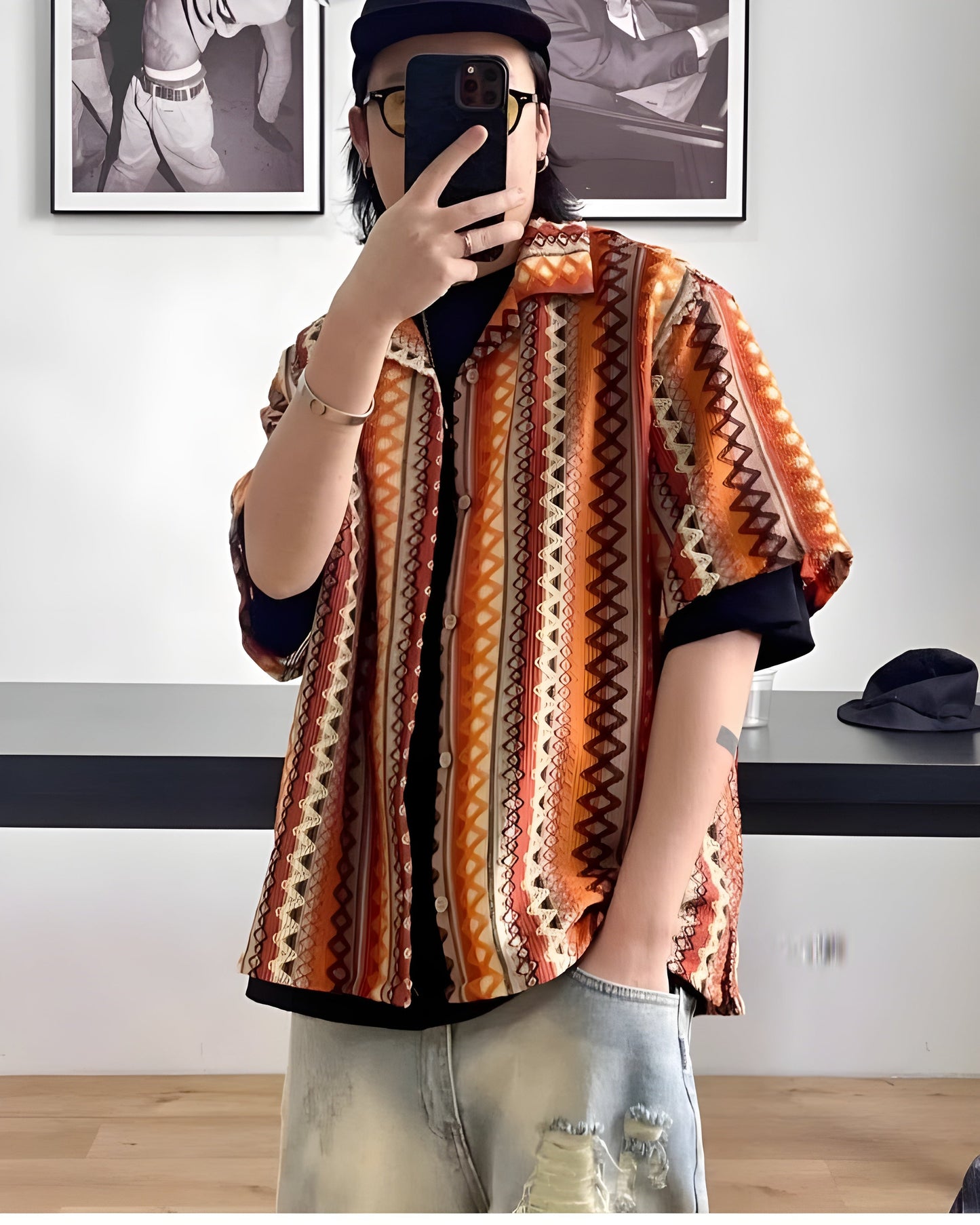 Oversized unisex knit overshirt with Cuban collar, zigzag diamond motif, ventilated open-knit fabric