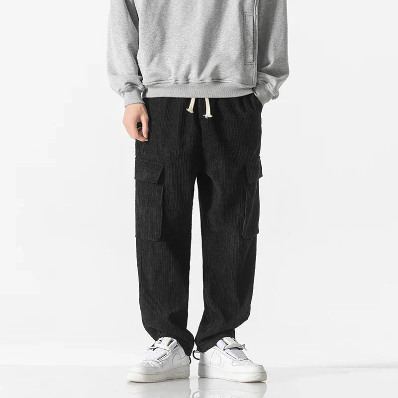 Beige corduroy cargo pants unisex relaxed fit with drawstring waist and utility pockets