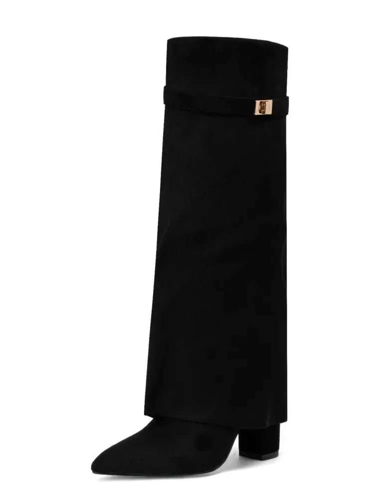 Mia women's black leather thigh-high boots with polished side buckle for sculpted silhouette