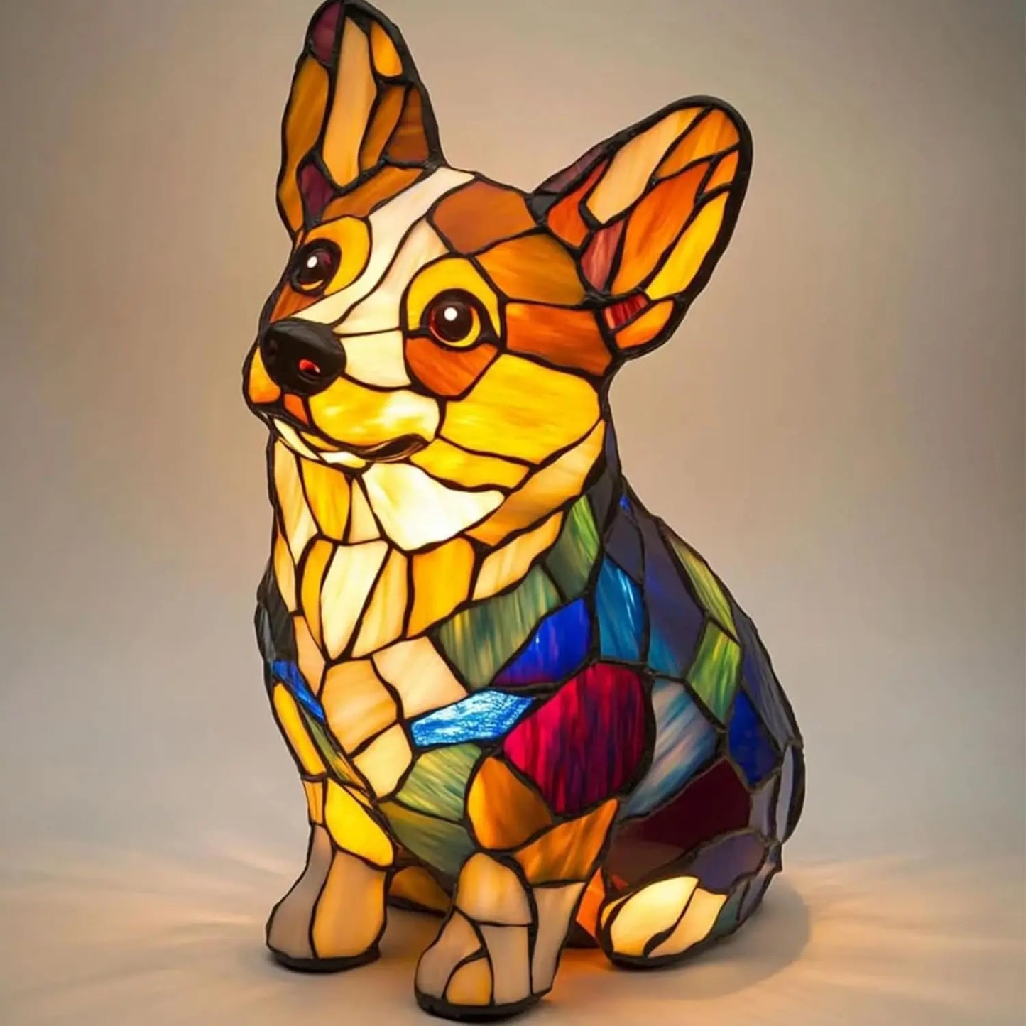 Art Nouveau stained glass cat dog lamp handcrafted multicolor vintage-inspired warm ambient glow sculpture