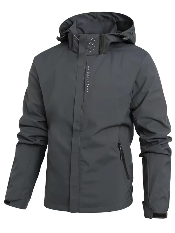 Men's lightweight waterproof hooded rain jacket in neutral tone, packable shell for hiking outdoors