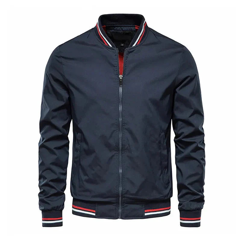 Men's olive green regular fit bomber jacket with ribbed trim and striped accents by Urbann-Vibe