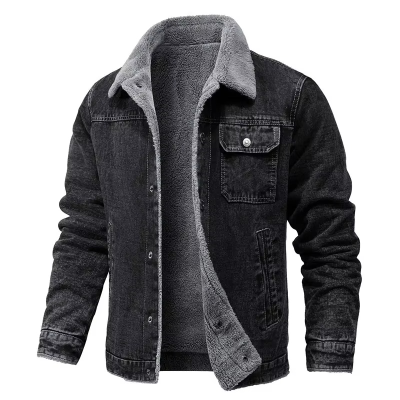 Men's black fleece-lined denim winter jacket with rugged style and warm cotton-blend construction