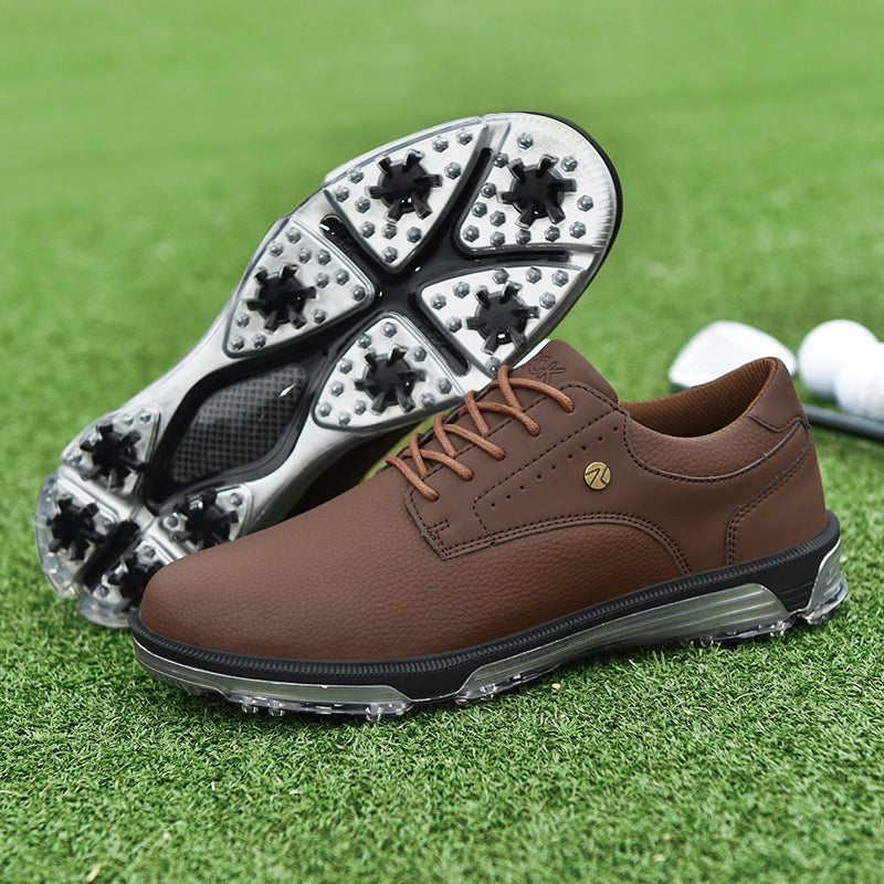 Men's leather golf shoes wide fit spiked cleats waterproof breathable stable traction footwear