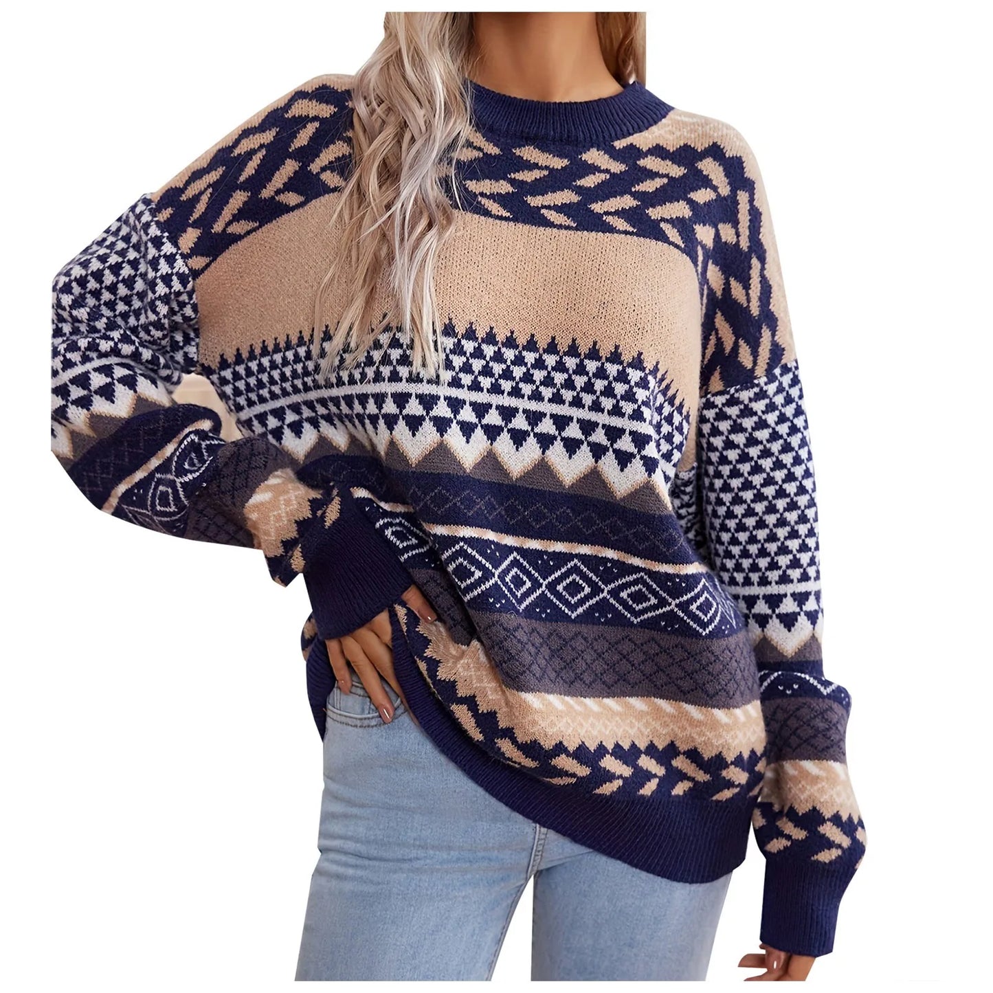 Retro knit sweater with contrast pattern, cozy vintage-inspired fall style in warm breathable fabric