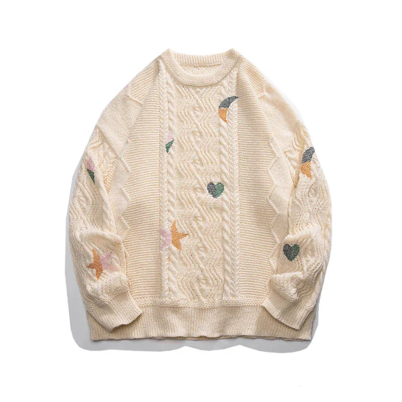 Men's heavyweight knit crew neck relaxed sweater with astral projection embroidery detail