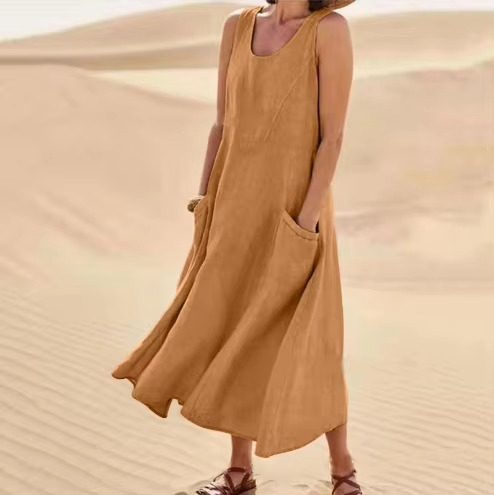 Beige cotton linen maxi sundress sleeveless loose fit with pockets casual beach women