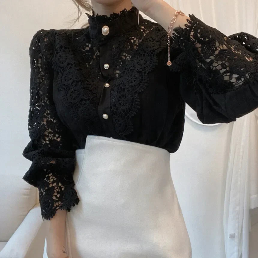 White cotton blouse tailored waist lace detail pearl buttons elegant workwear women