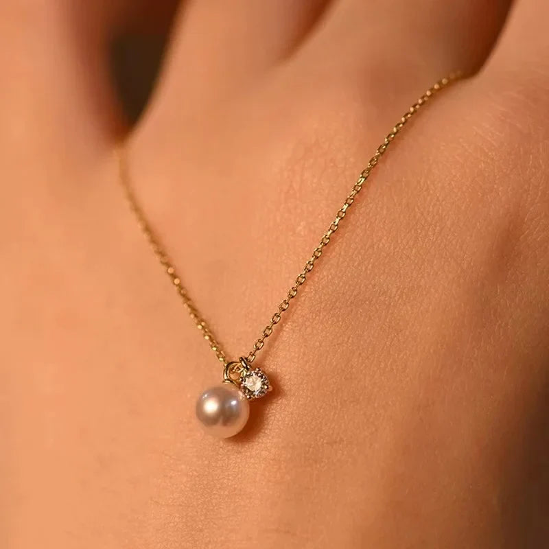 Sterling silver freshwater pearl pendant necklace with zircon sparkle, minimalist floating single pearl design