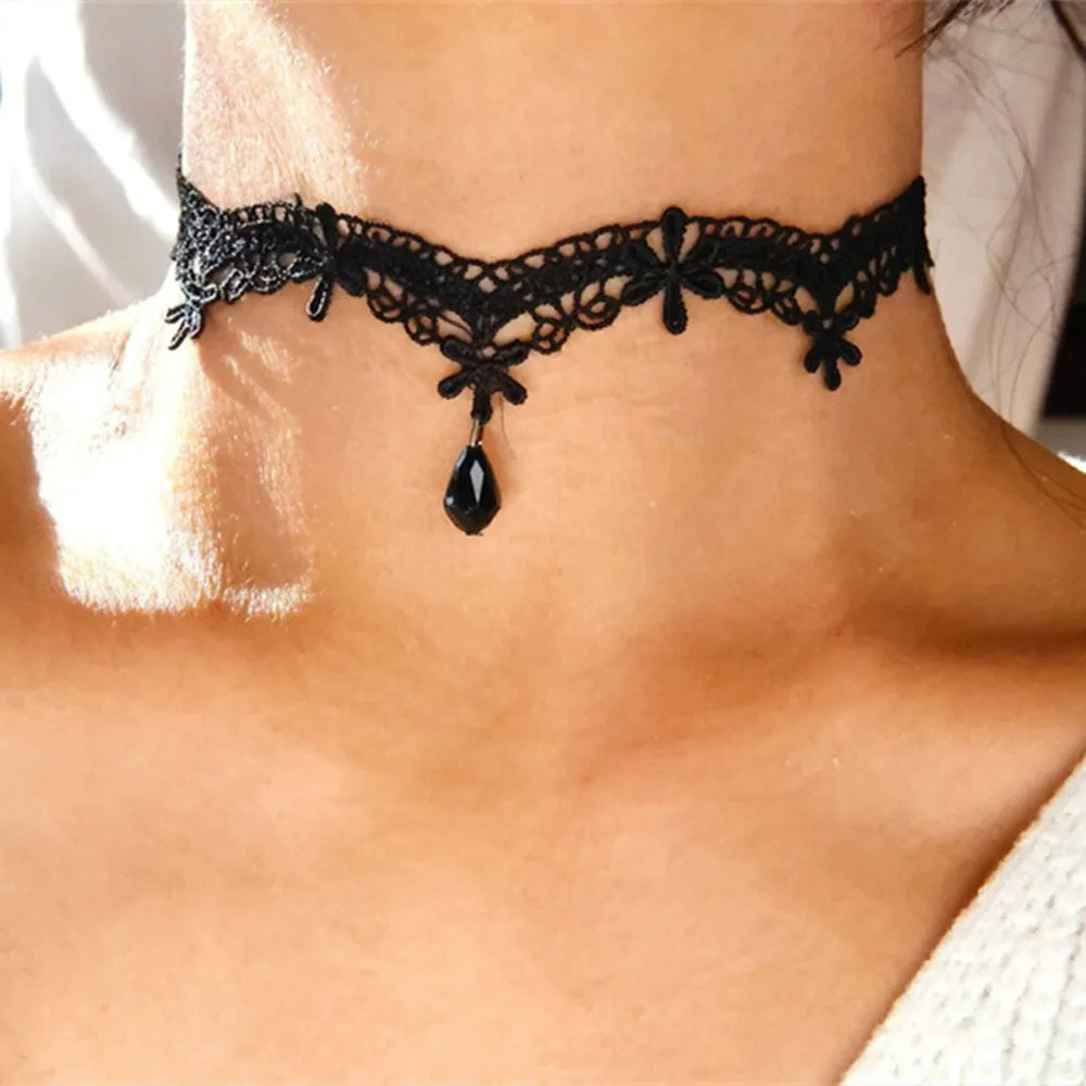Wednesday gothic lace choker with heart pendant, adjustable length, delicate texture for women