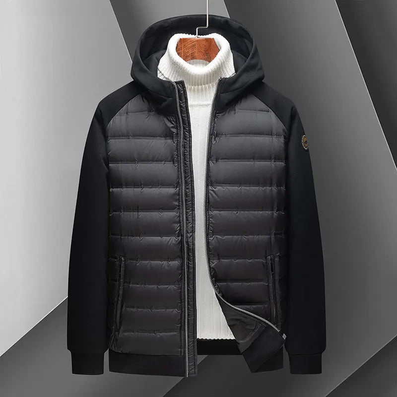 Lightweight insulated hoodie ribbed synthetic body with fluffy down underlay for active outdoor layering