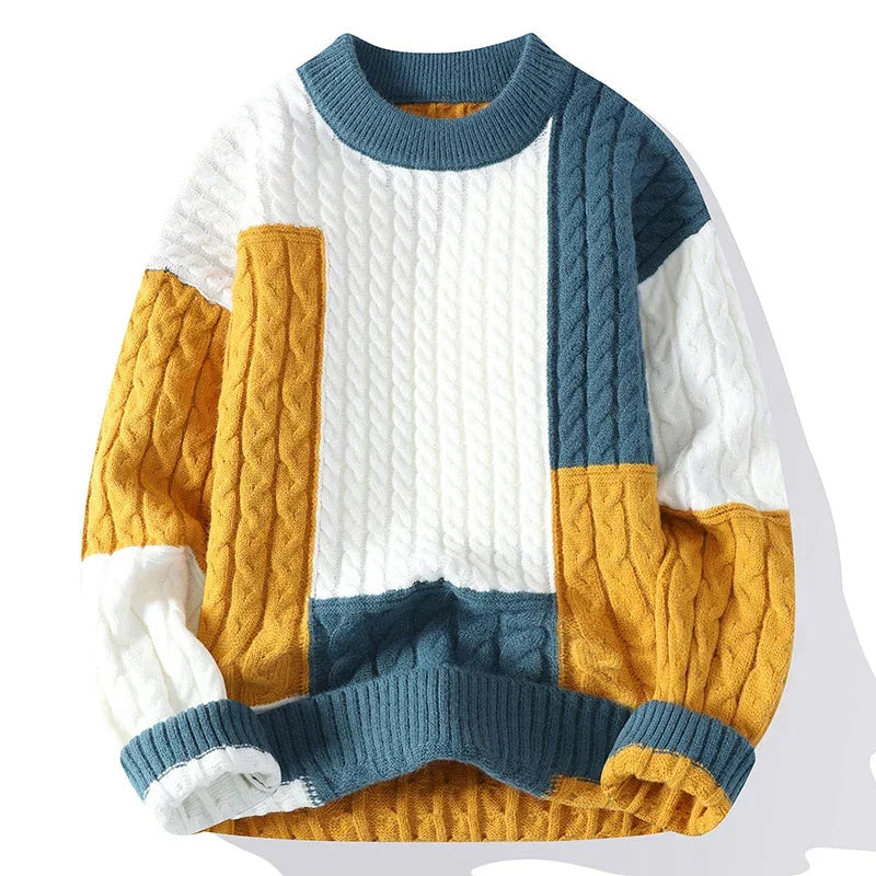 Men's relaxed fit cable knit wool crewneck sweater with color block pattern for cozy modern style