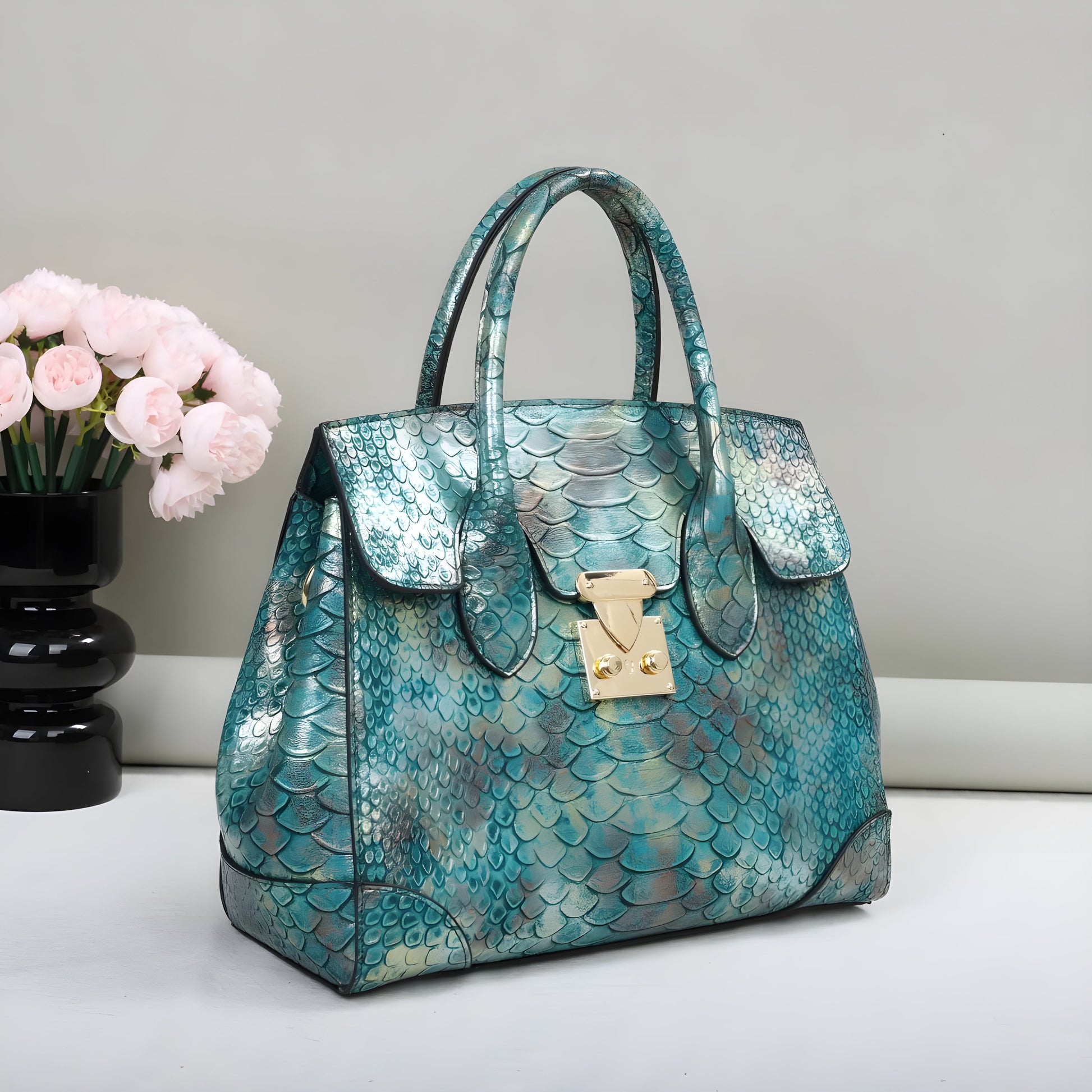 Aurelia vegan leather handbag gold silver dragon scale embossed pattern gold hardware women fashion