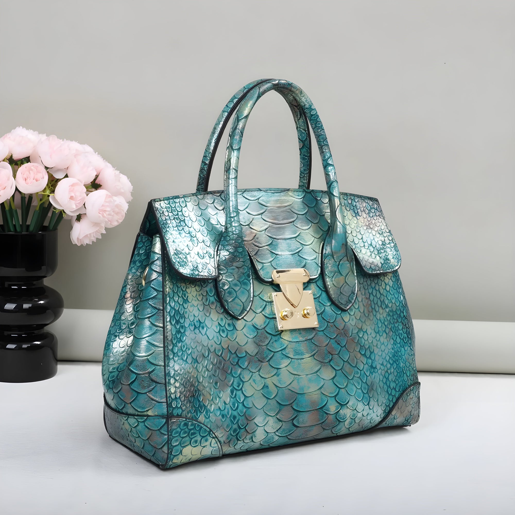 Aurelia vegan leather handbag gold silver dragon scale embossed pattern gold hardware women fashion