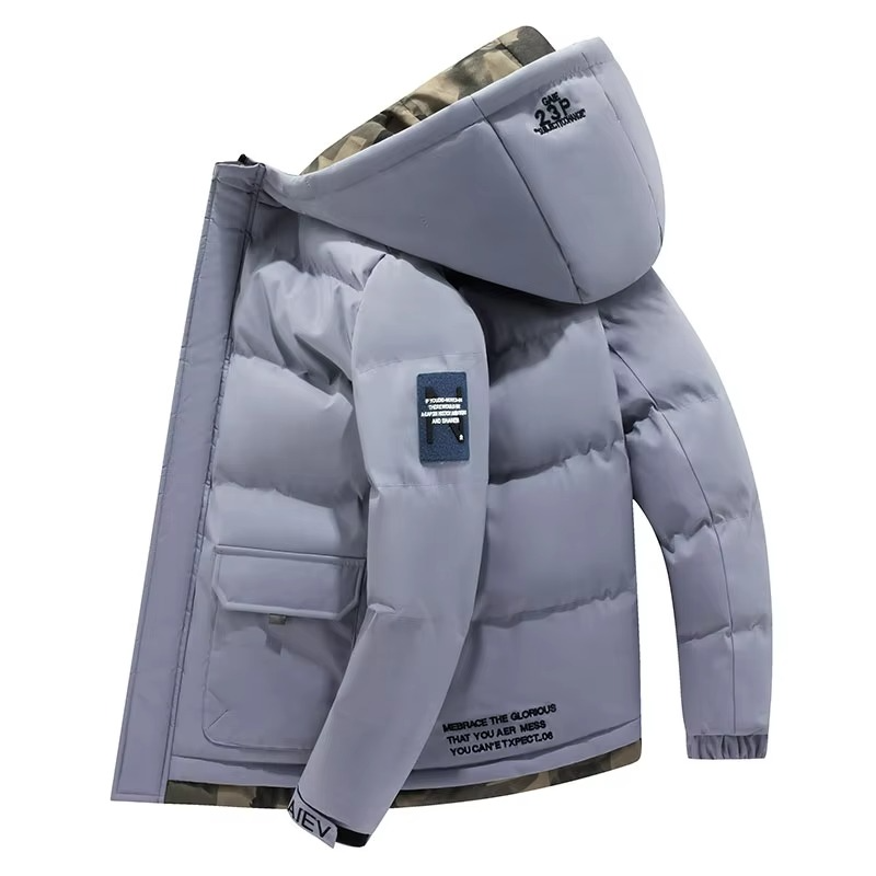 Men's windproof hooded parka jacket with insulated warmth, multiple pockets, cold-weather design