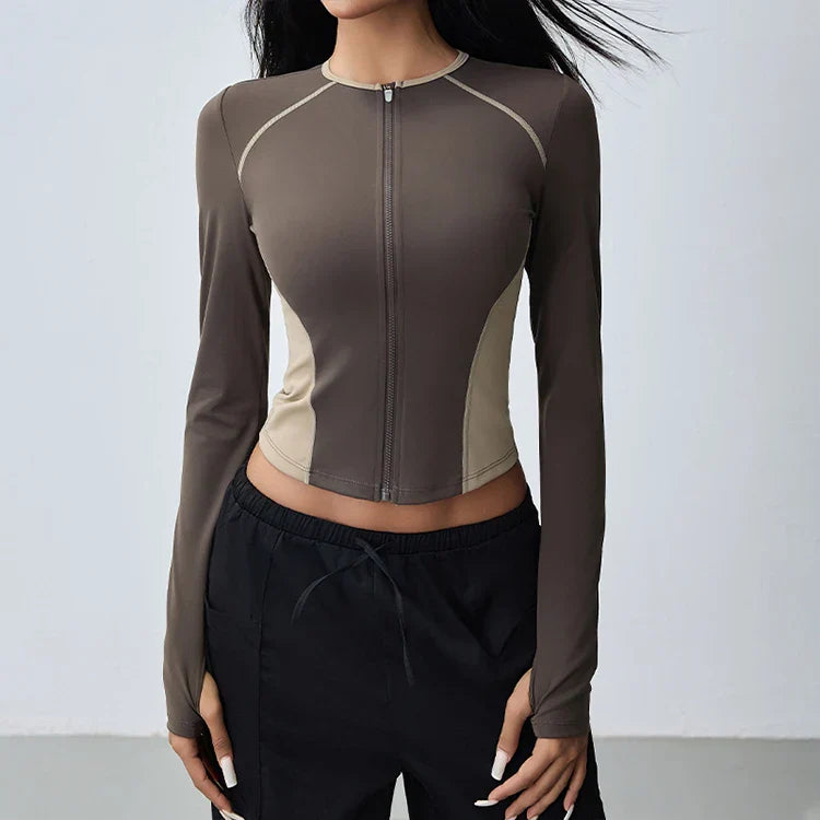 Women's zip-up yoga top breathable stretch fabric second-skin fit with contoured panel detail