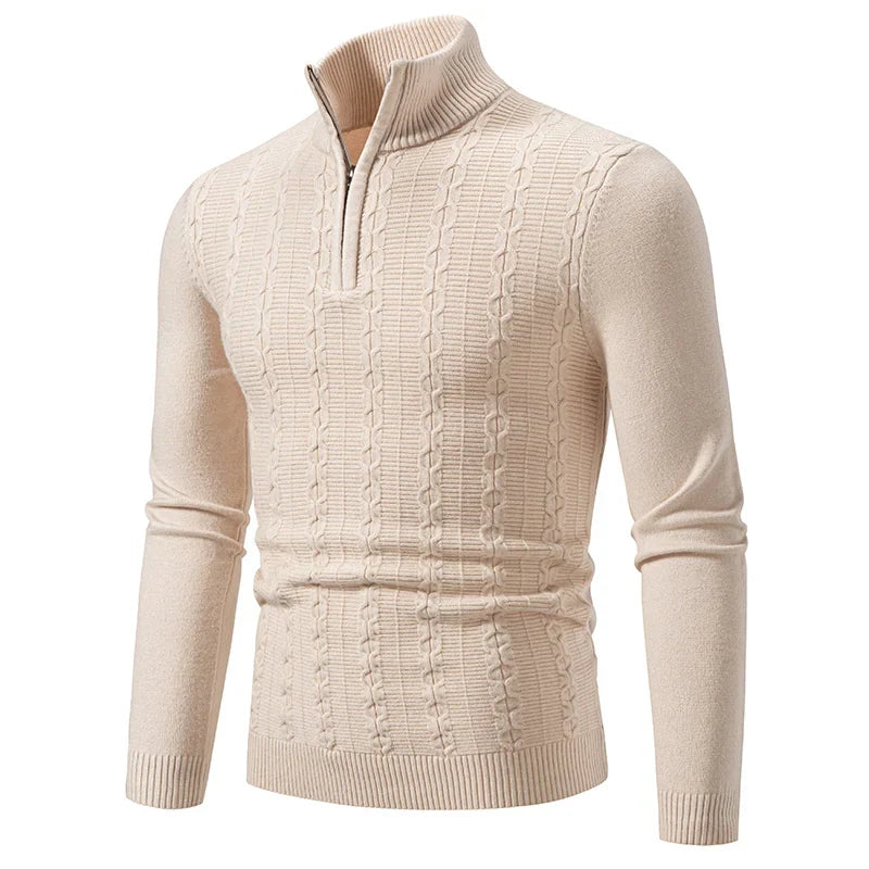 Beige cable knit half-zip sweater tailored fit lightweight everyday layering piece