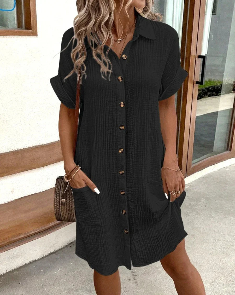 Women's white cotton-linen mini dress relaxed fit flattering V-neckline breezy warm-weather style