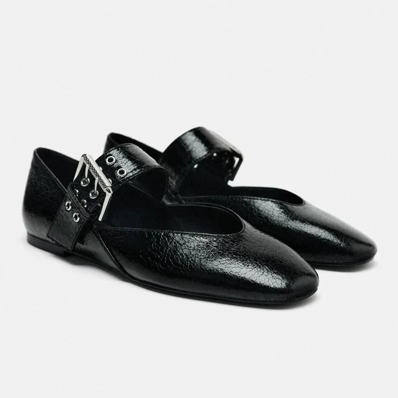 Rosven glossy faux leather almond toe flat shoes with sculpted buckle strap in elegant office style