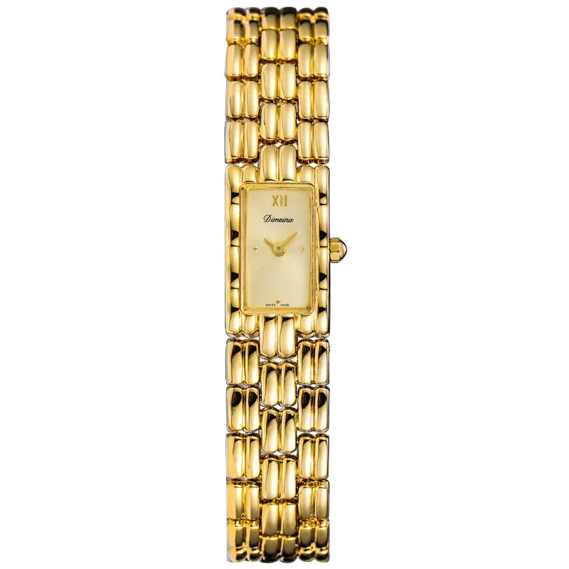 Women's gold rectangle watch Roman numeral dial elegant link bracelet formal timepiece
