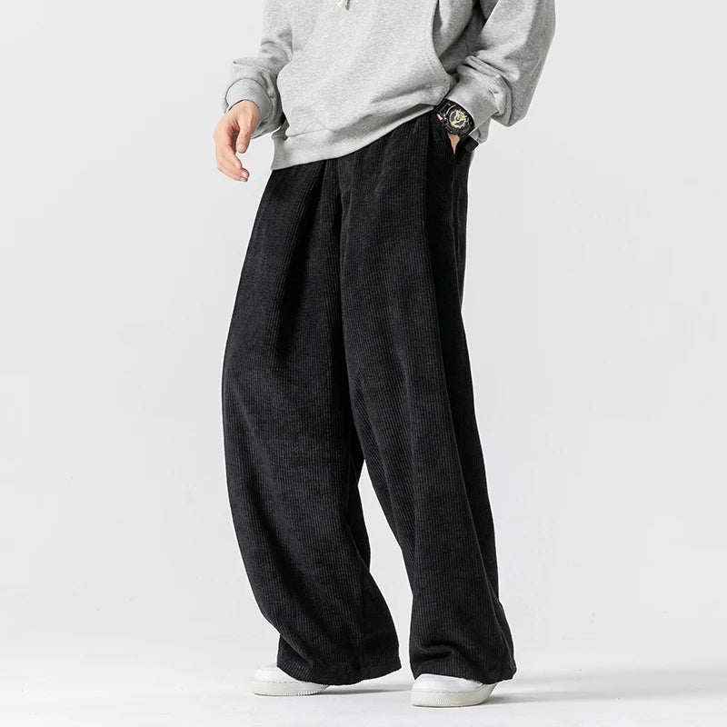 Beige oversized corduroy sweatpants unisex wide-leg 90s style with adjustable drawstring waist