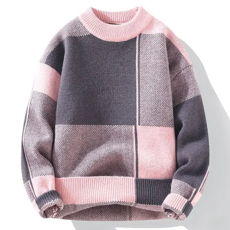 Women's colorblock patch knit sweater geometric pattern relaxed fit cozy layering essential