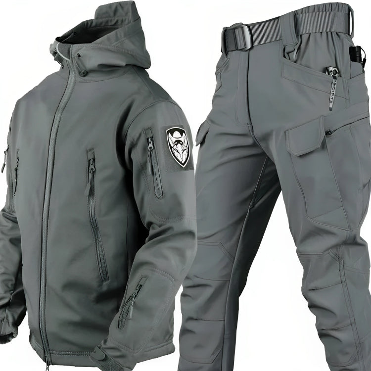 Men's tactical windbreaker and pants set, weather-resistant outdoor outfit with multiple pockets