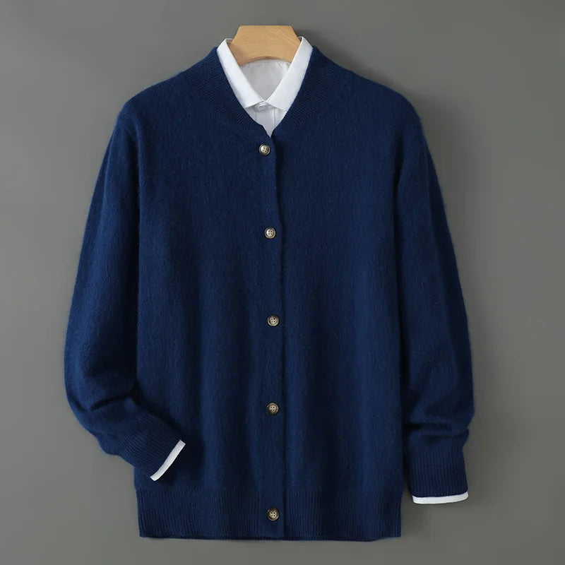 Men's structured front button cardigan in neutral knitwear, versatile everyday layering with clean silhouette