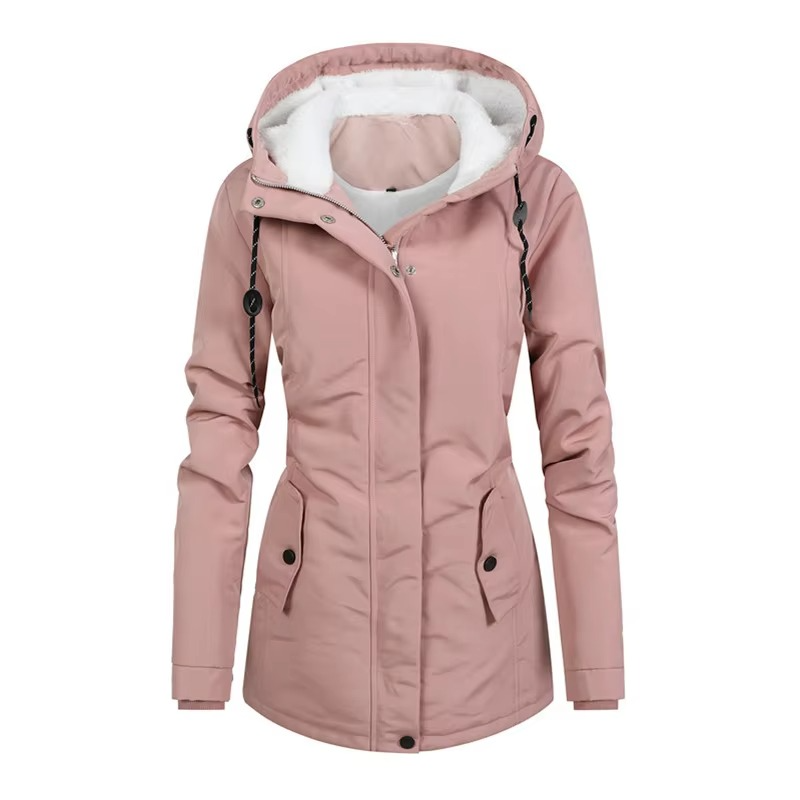 Women's retro fleece-lined mid-length hooded winter parka in cozy cotton blend with warm insulation