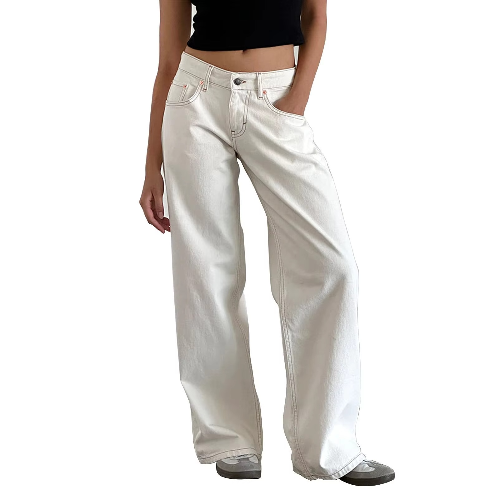 Women's retro washed mid-rise straight leg jeans in vintage blue soft cotton denim flattering fit
