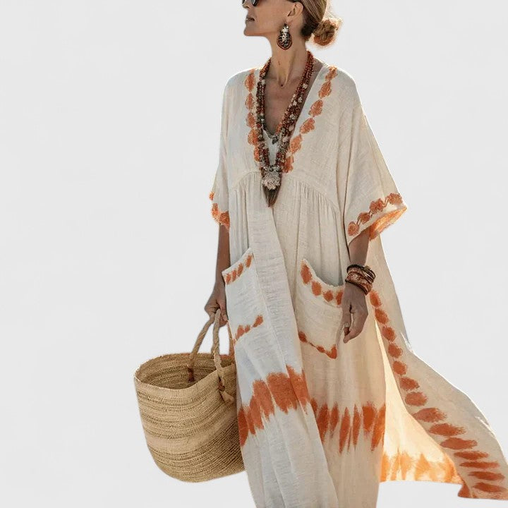 Sage | Women's V-Neck Striped Linen Maxi Dress with Pockets