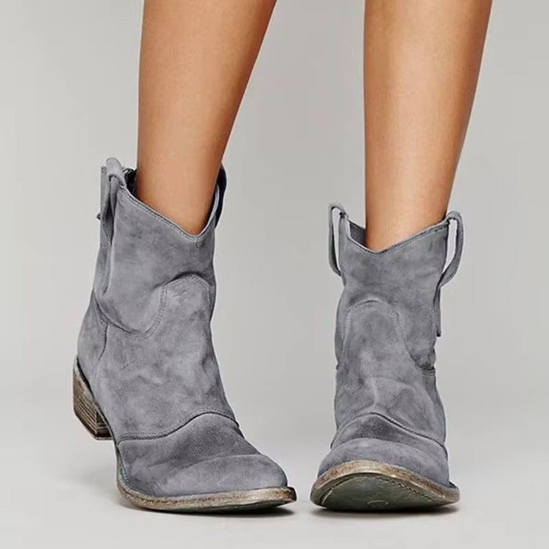 Women's vintage western ankle boots pointed toe low heel slip-on booties with cowboy pull tabs