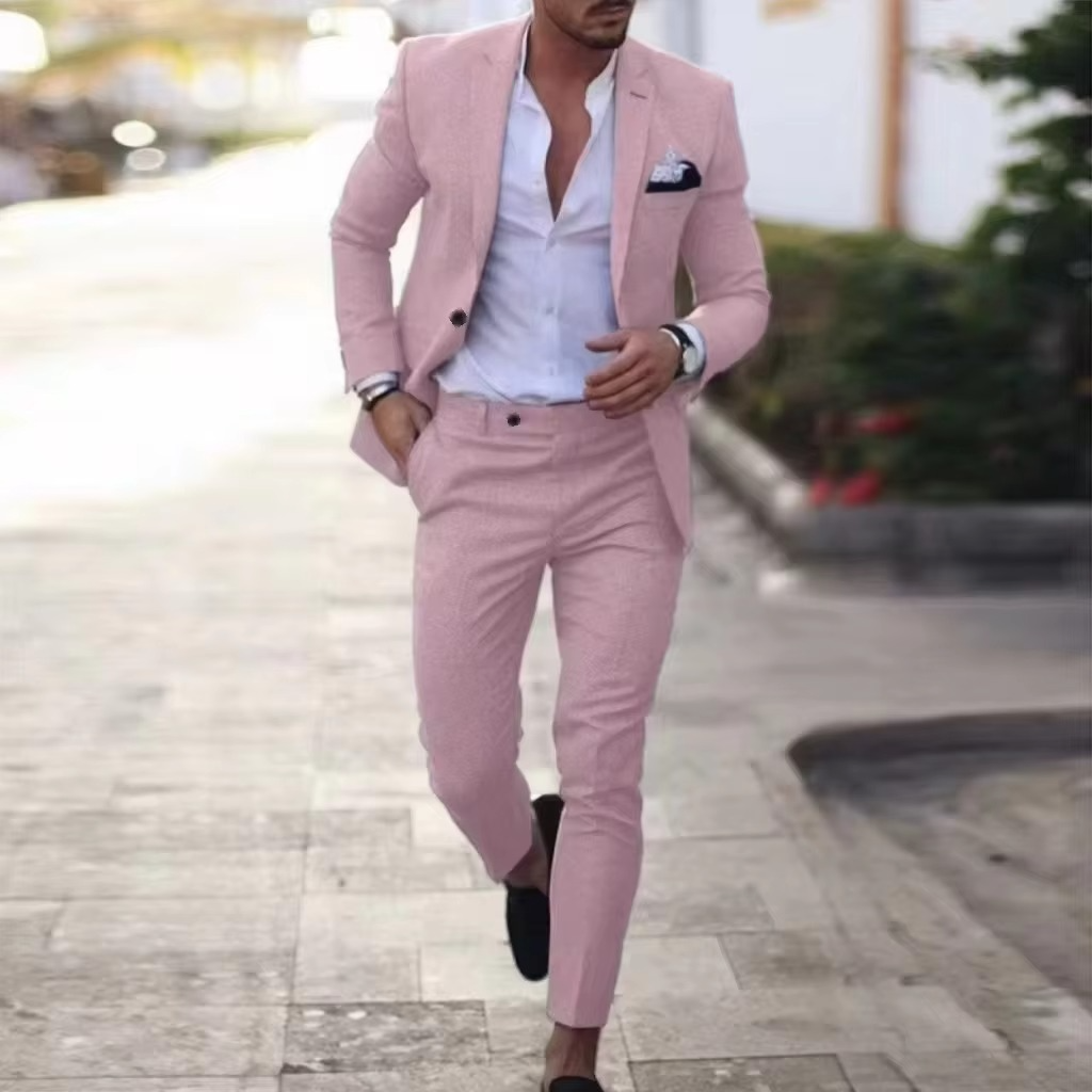 Men's beige linen two-piece blazer and pants suit set, tailored slim fit for summer weddings