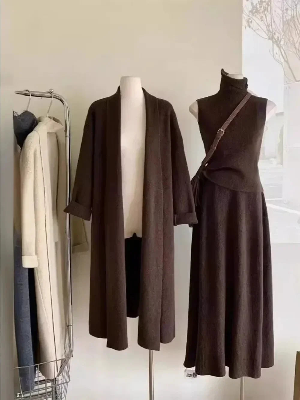 Women's 3-piece knit set cardigan waistcoat long skirt cozy autumn winter coordinated outfit