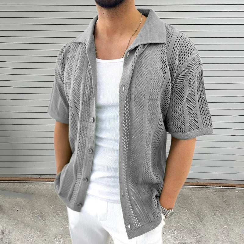 Men's vintage open-knit cotton blend shirt with breathable hollow-out texture in relaxed fit