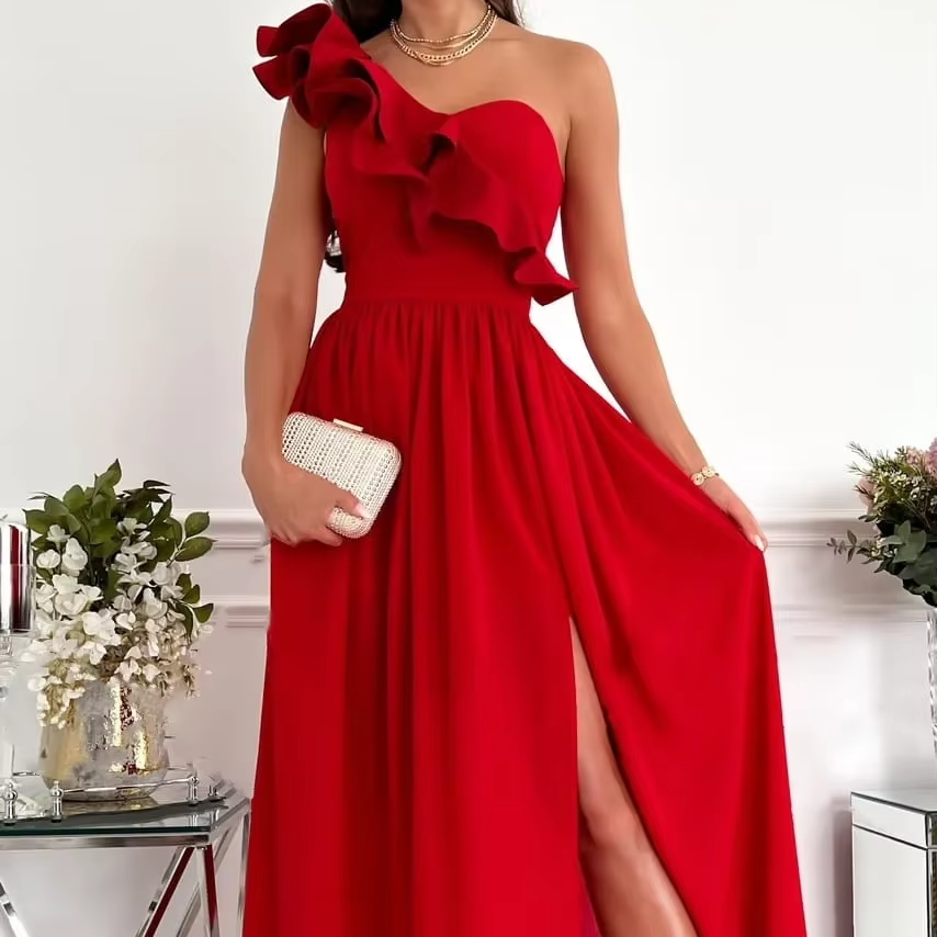 Women's one shoulder maxi dress with ruffle edge neckline, side slit, sleek silhouette