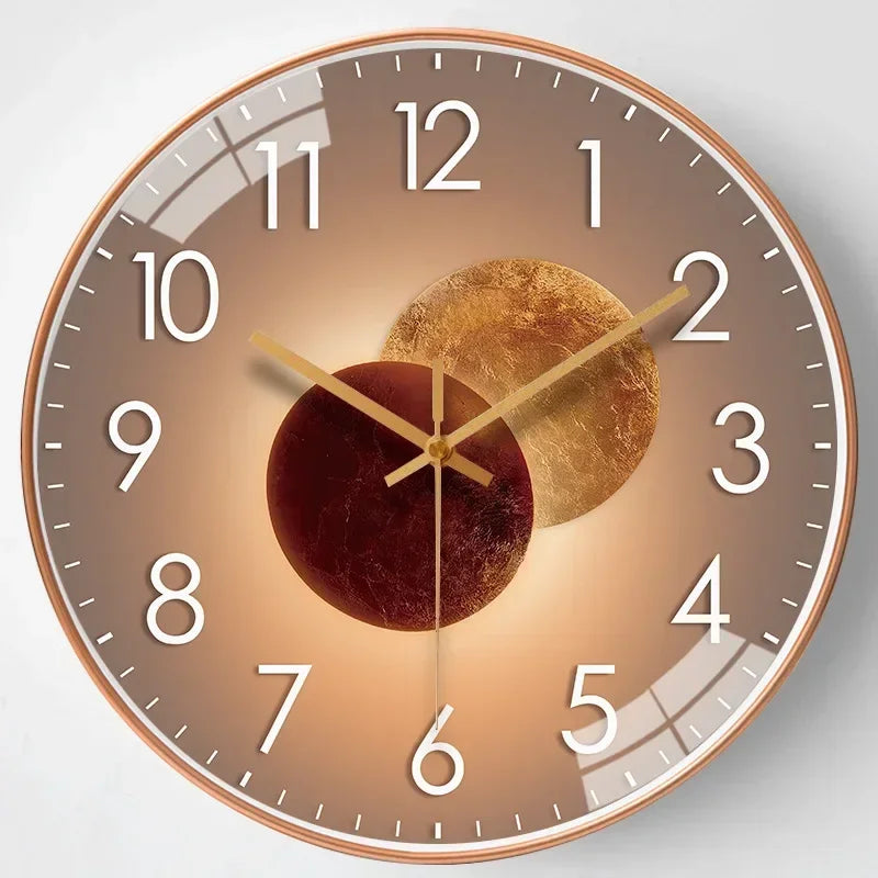 Golden tone minimalist wall clock, 30cm glass metal frame, warm gradient face with sleek hour markers