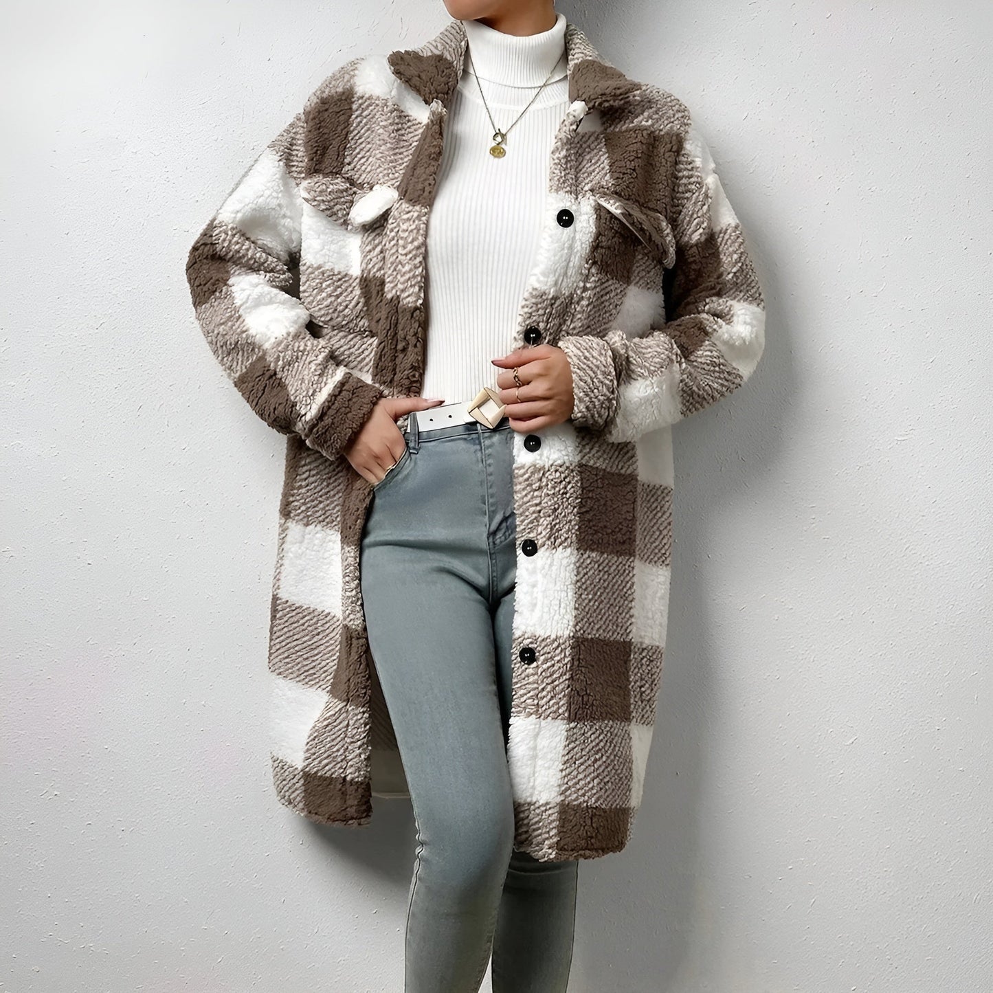 Women's plaid fleece coat cozy oversized fit soft warm layering essential for cold fall mornings
