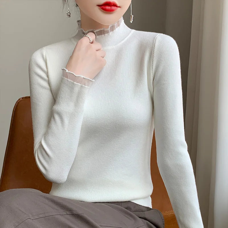 Women's ivory cashmere mock neck sweater, long sleeve slim fit with breathable lightweight knit