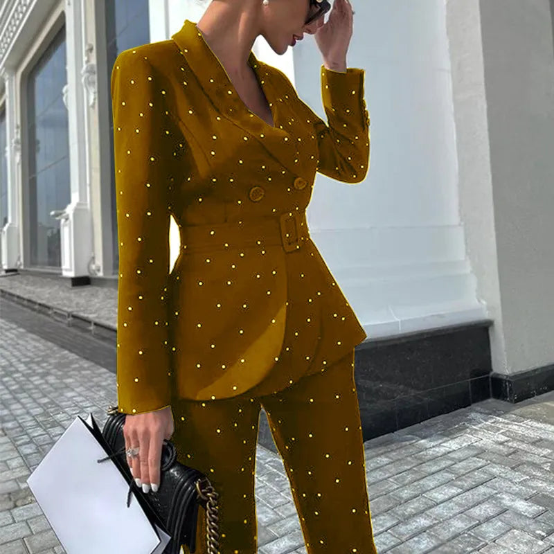 Women's elegant belted double-breasted blazer and pants set formal coordinated suit timeless style