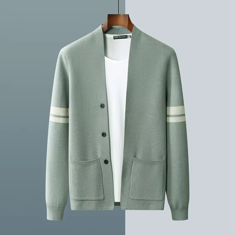 Men's wool-blend V-neck cardigan sweater in neutral tone, fine-gauge knit for cozy layering