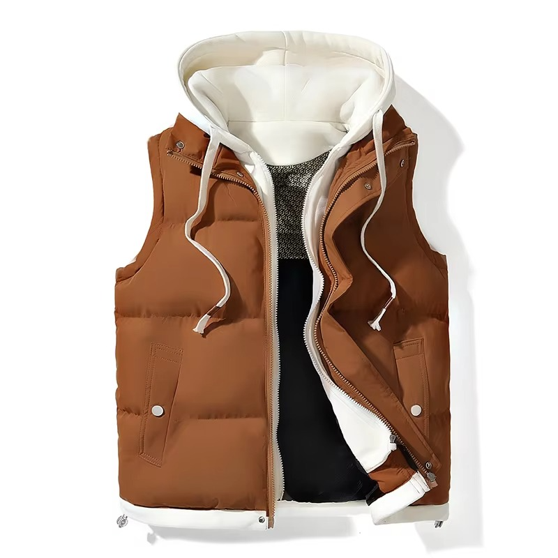 Men's black hooded puffer vest sleeveless lightweight insulation cold weather layering piece