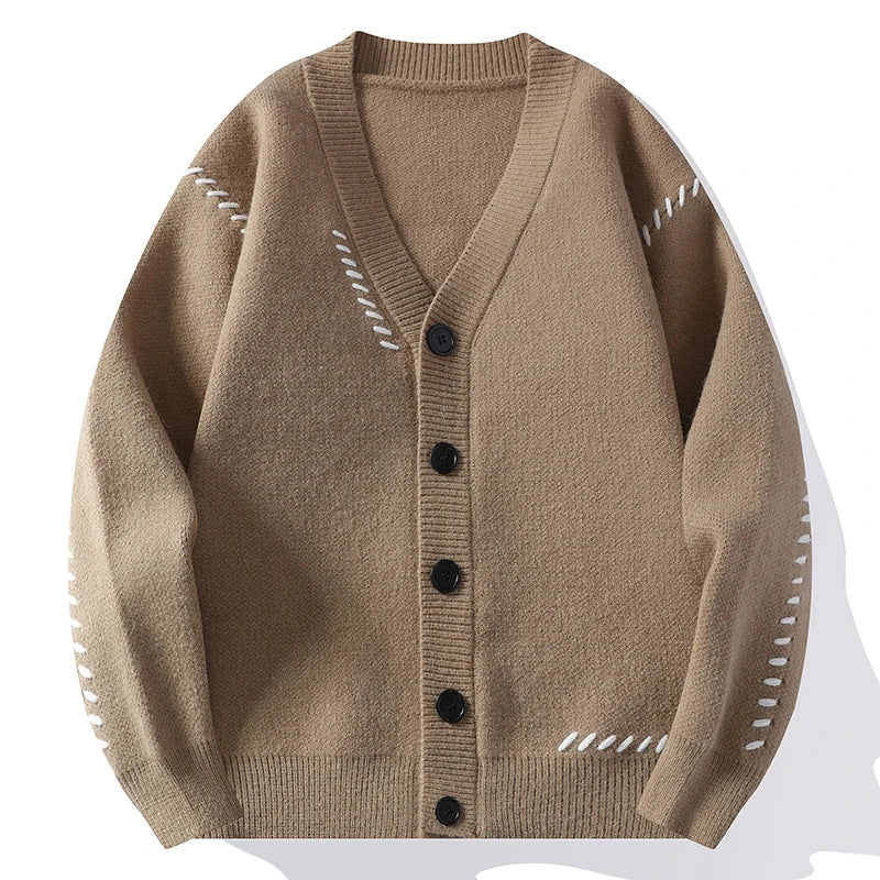 Women's soft knit cardigan with contrast stitching, button-front closure, mid-weight essential layer