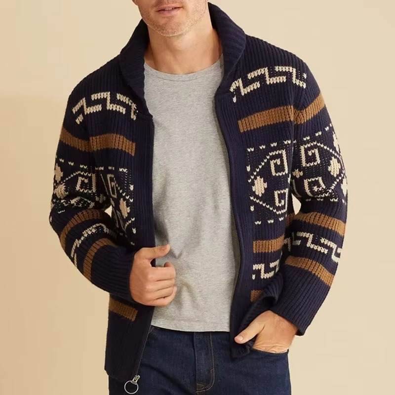 Men's vintage jacquard knit cardigan with shawl collar and zipper closure for layered warmth