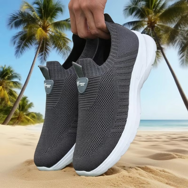 Men's lightweight gray mesh running shoes with flexible cushioned sole for breathable daily fitness