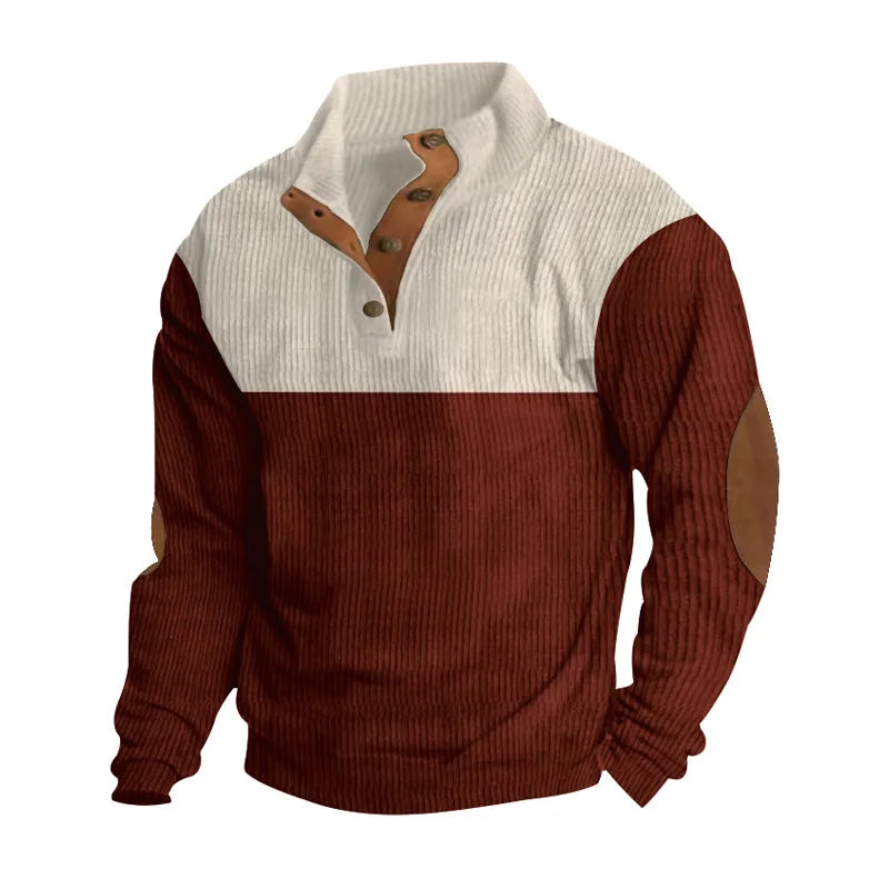 Two-tone button-up men's knit sweater with elbow patches, contrasting panels, modern slim fit