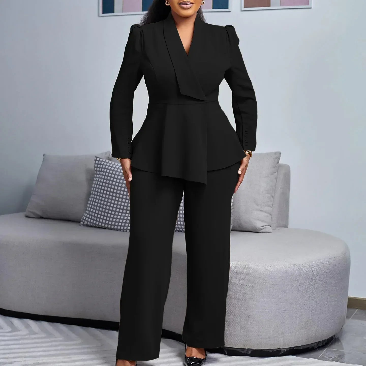 Women's formal peplum blazer suit set structured tailored two-piece with waist-accentuating silhouette